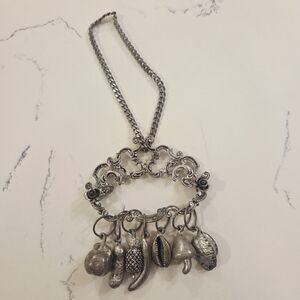 Silver Tone Ragastens Penca de Balangandan Brazilian 7 Amulet Charm Necklace